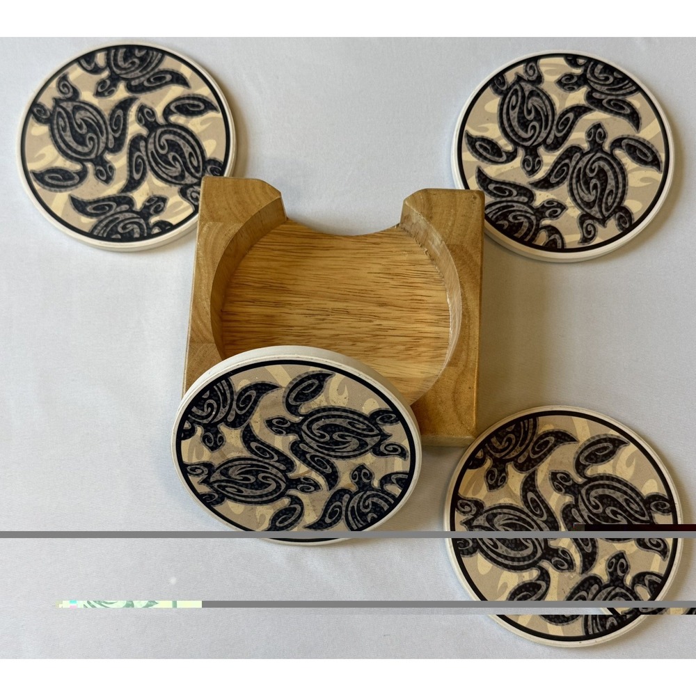Islander Hawaiian Ceramic Coaster Set Tribal Honu Sea Turtle - Free Shipping